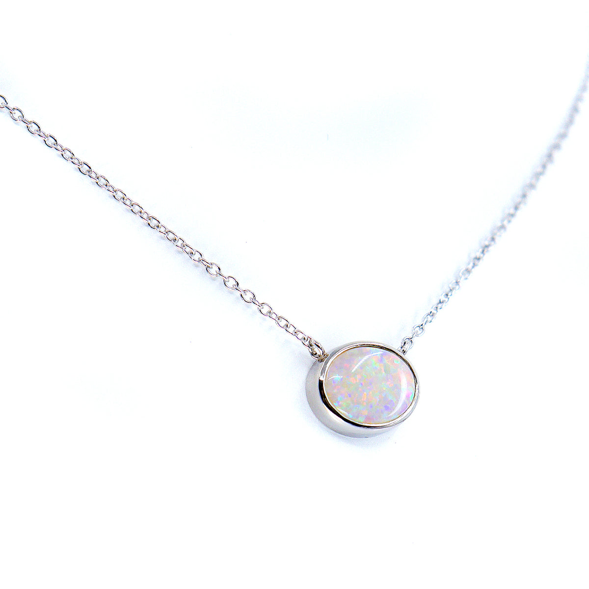 9ct White Gold Rub Set Opal Necklace 16-18"