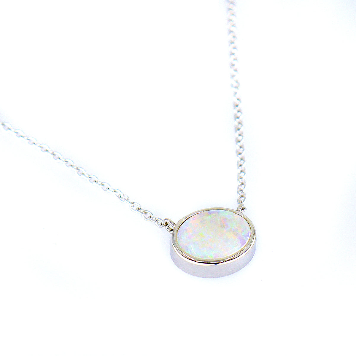 9ct White Gold Rub Set Opal Necklace 16-18"