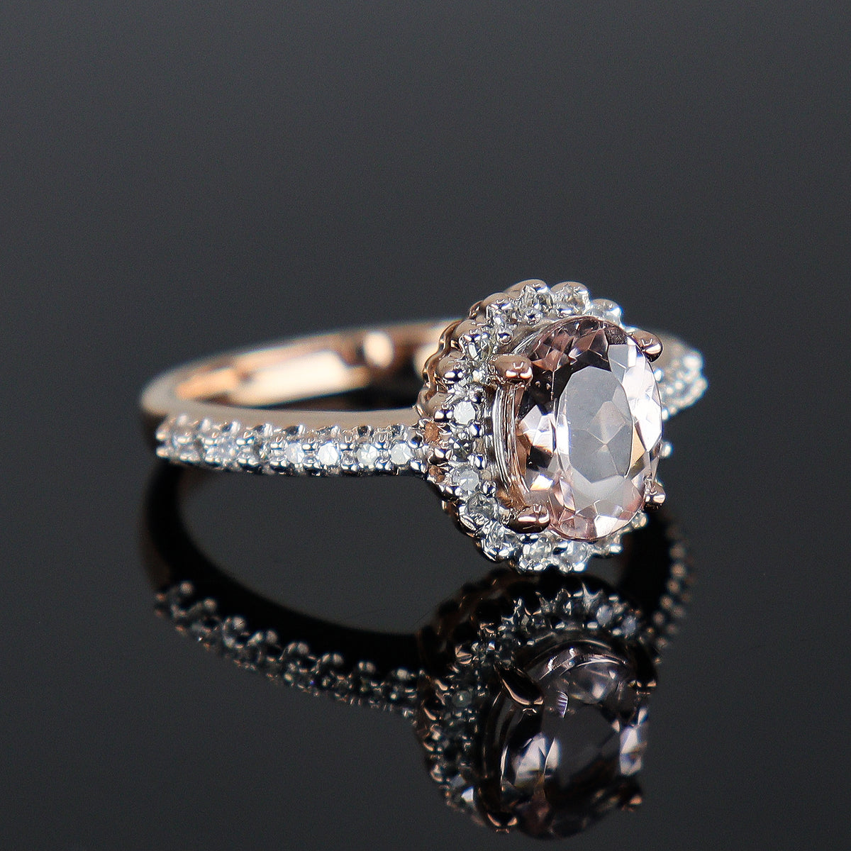 Pre-Owned 9ct Rose Gold Morganite & Diamond Halo Cluster Ring