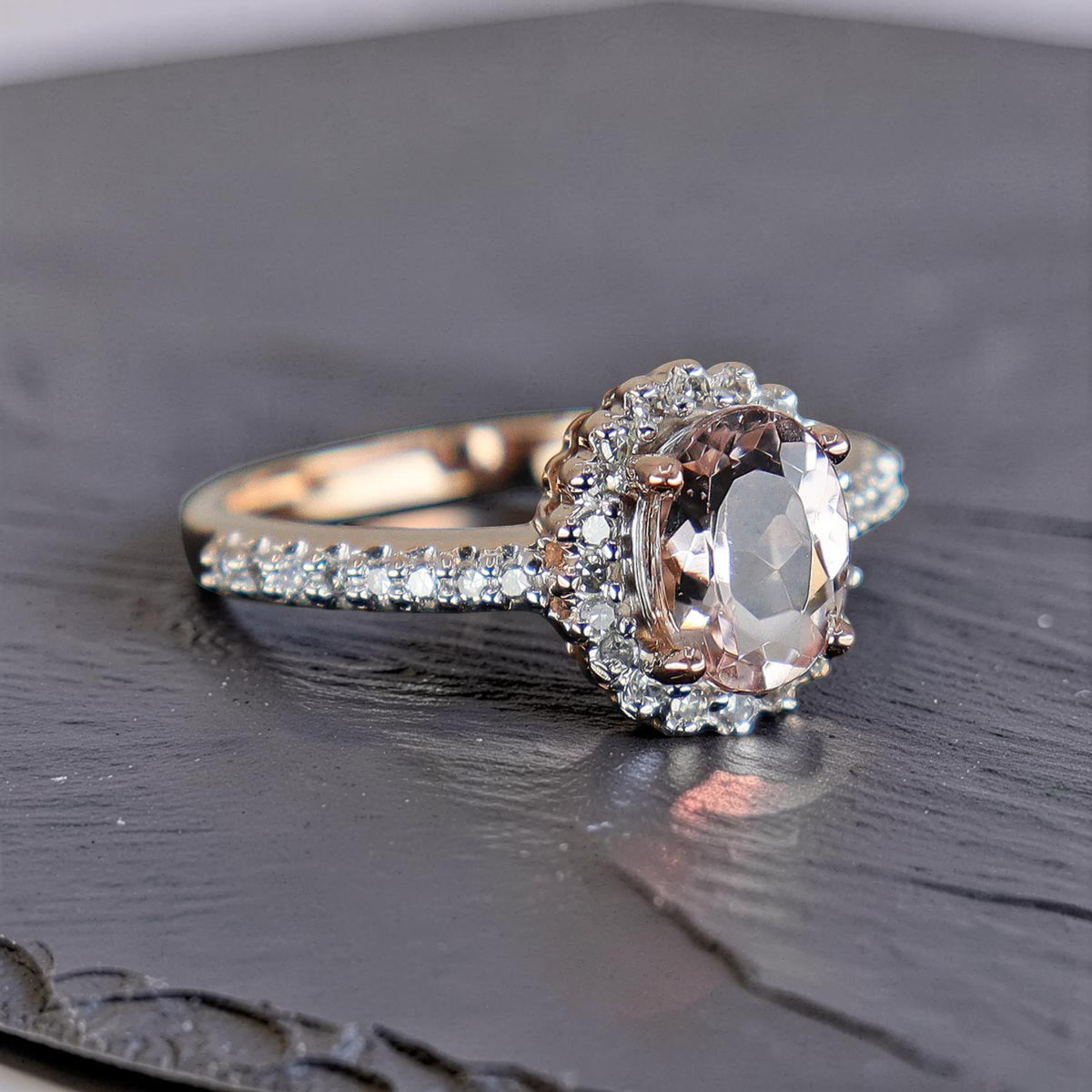 Pre-Owned 9ct Gold Morganite & Diamond Halo Cluster Ring