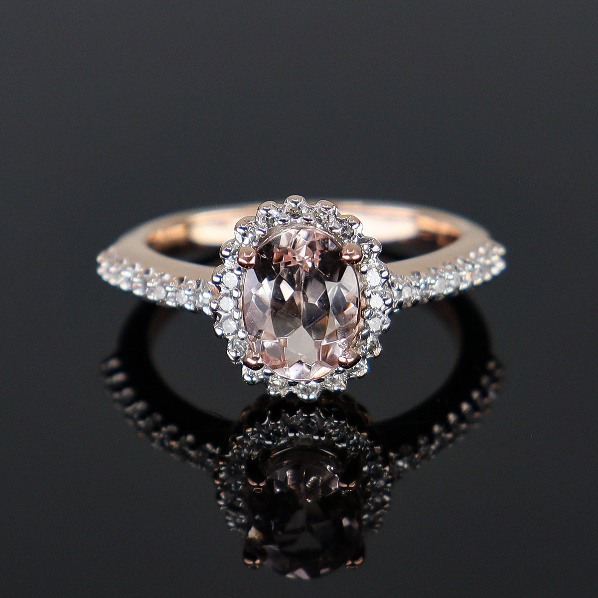Pre-Owned 9ct Rose Gold Morganite & Diamond Halo Cluster Ring