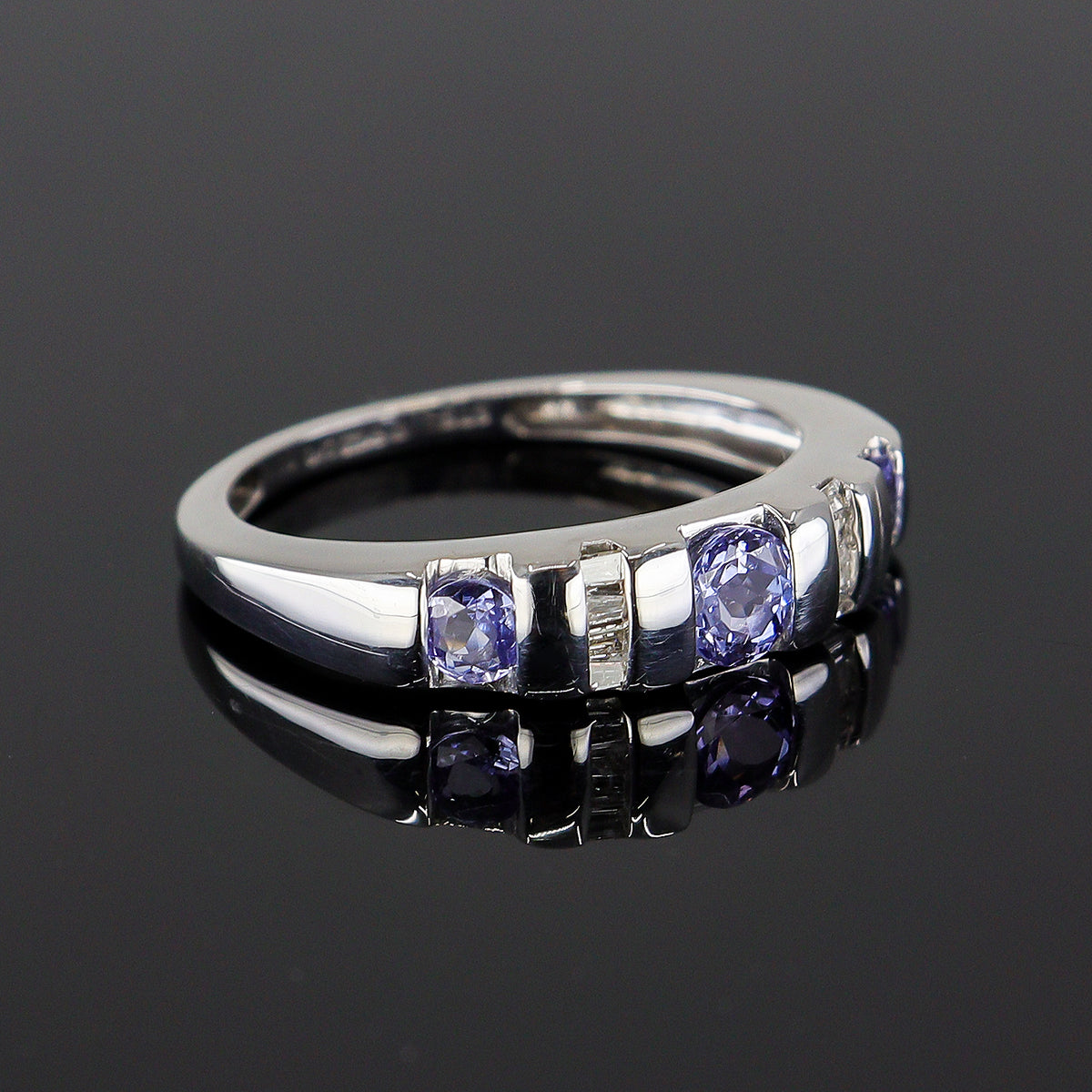 Pre-Owned 9ct White Gold Round Pale Tanzanite & Baguette Cut Diamond Fancy Half Eternity Ring