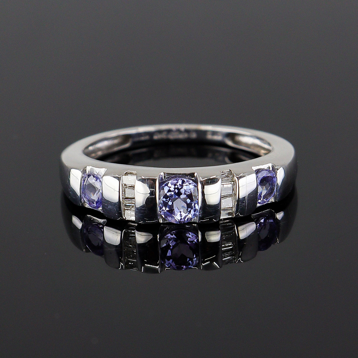 Pre-Owned 9ct White Gold Round Pale Tanzanite & Baguette Cut Diamond Fancy Half Eternity Ring