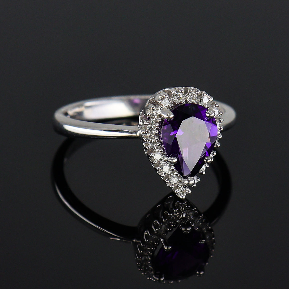 Pre-Owned 9ct White Gold Pear Shaped Amethyst & Eight Cut Diamond Claw Set Cluster Ring