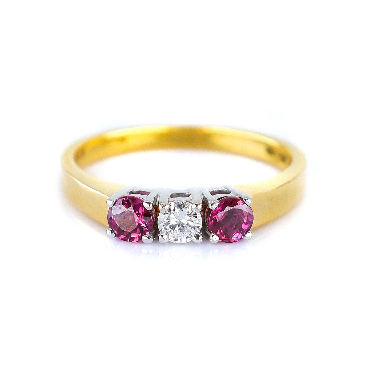 Pre-Owned 18ct Yellow Gold Round Ruby & Brilliant Cut Diamond Claw Set Trilogy Ring