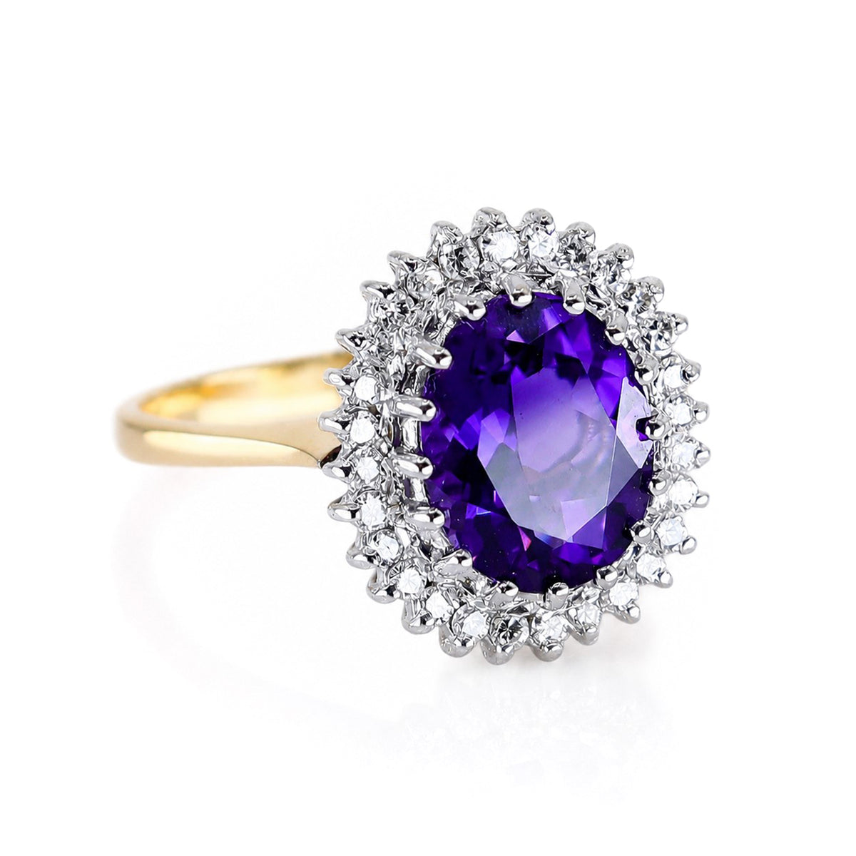 Pre-Owned 18ct Gold Oval Amethyst & Round Brilliant Cut Diamond Claw Set Cluster Ring