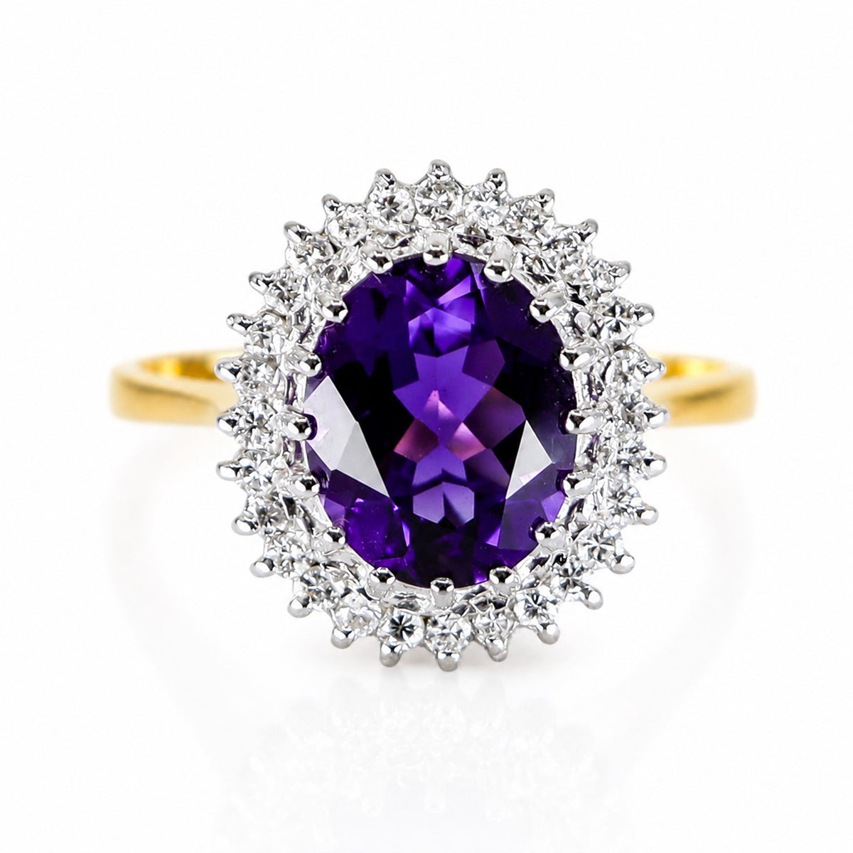 Pre-Owned 18ct Gold Oval Amethyst & Round Brilliant Cut Diamond Claw Set Cluster Ring