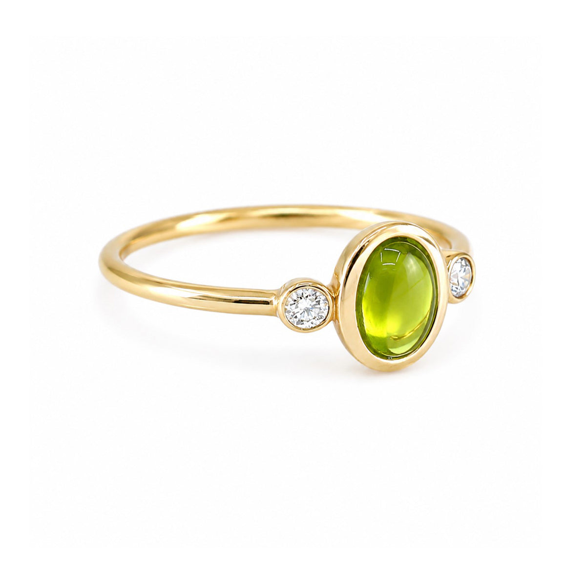 9ct Gold Oval Cabochon Peridot & Diamond Rub Set Three Stone Ring