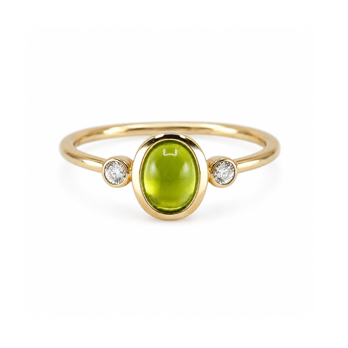 9ct Gold Oval Cabochon Peridot & Diamond Rub Set Three Stone Ring