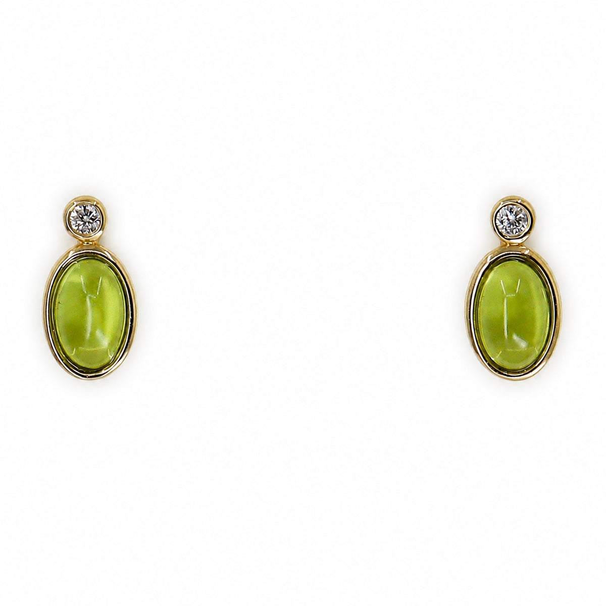 9ct Gold Oval Cabochon Peridot & Diamond Rub Set Stud Earrings
