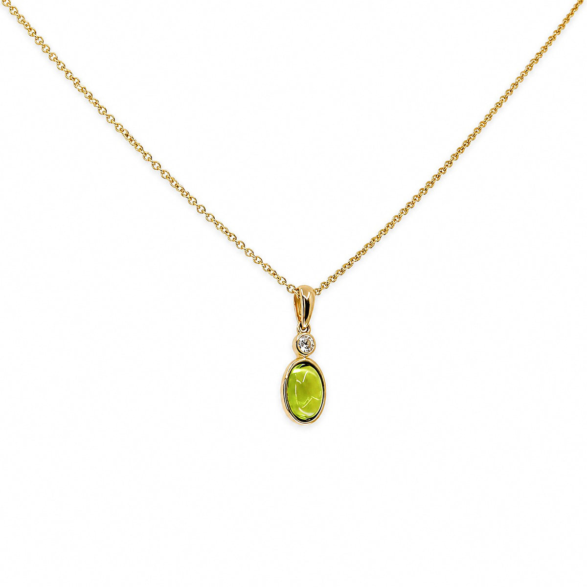 9ct Gold Oval Cabochon 0.95ct Peridot & 0.05ct  Diamond Rub Set Pendant With 16-18" Trace Chain
