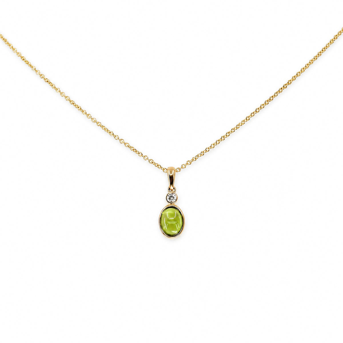 9ct Gold Oval Cabochon 0.95ct Peridot & 0.05ct  Diamond Rub Set Pendant With 16-18" Trace Chain
