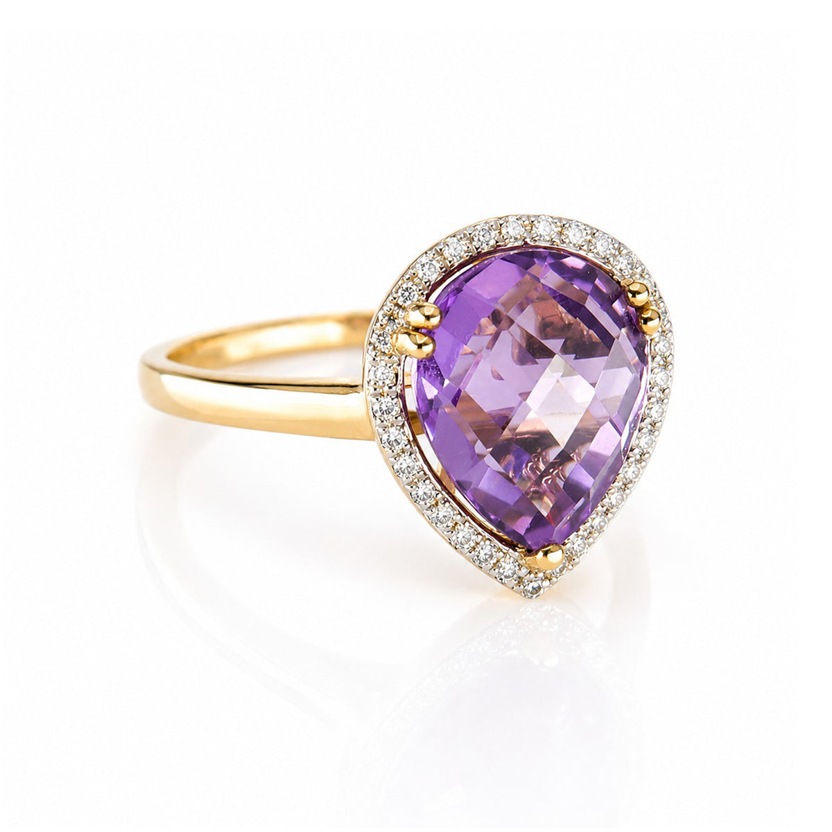 9ct Gold 3.29ct Checkerboard Pear Cut Amethyst & Diamond Halo Cluster Ring