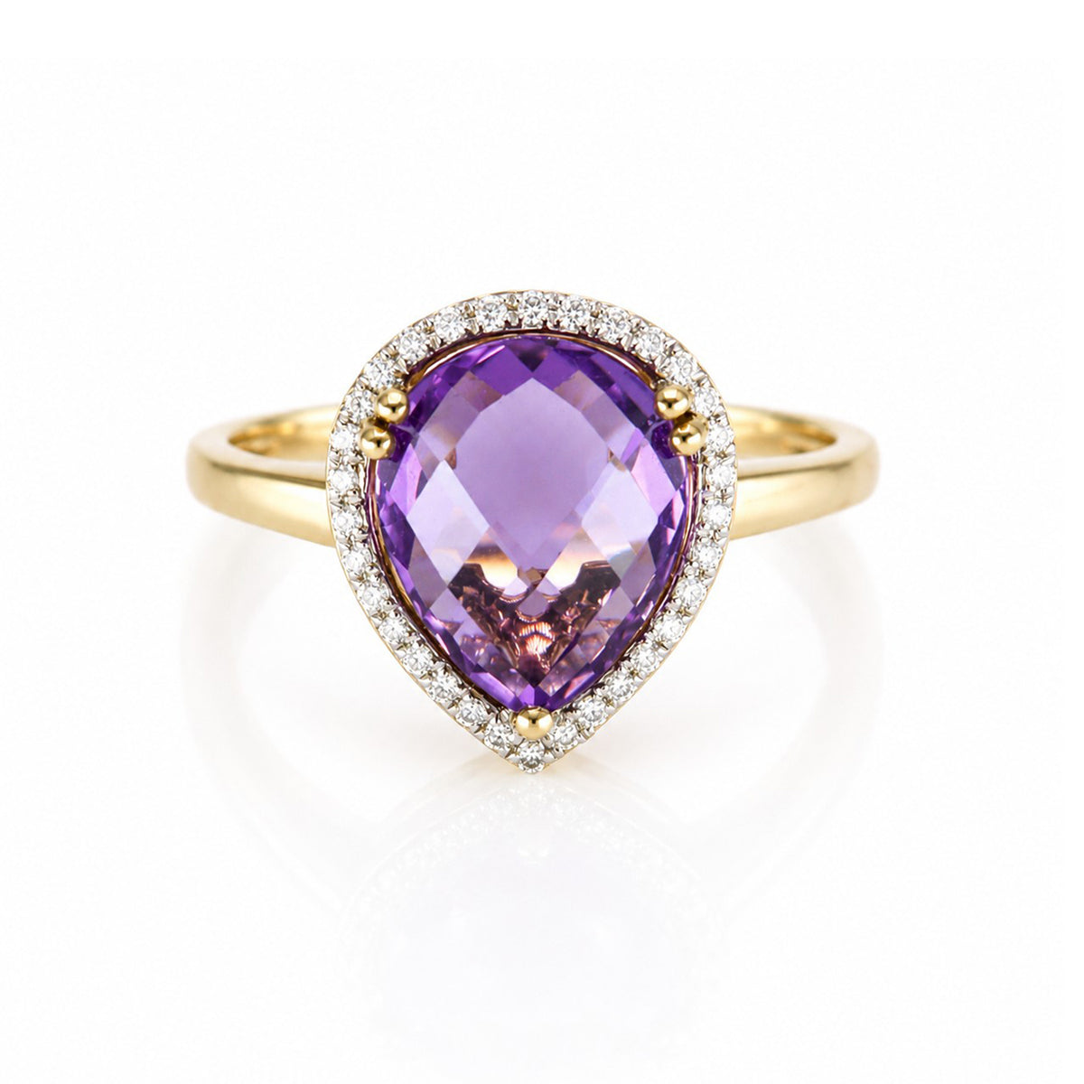 9ct Gold 3.29ct Checkerboard Pear Cut Amethyst & Diamond Halo Cluster Ring