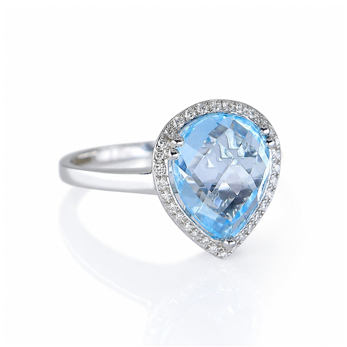 9ct White Gold Checkerboard Pear Cut Blue Topaz & Diamond Claw Set Cluster Ring
