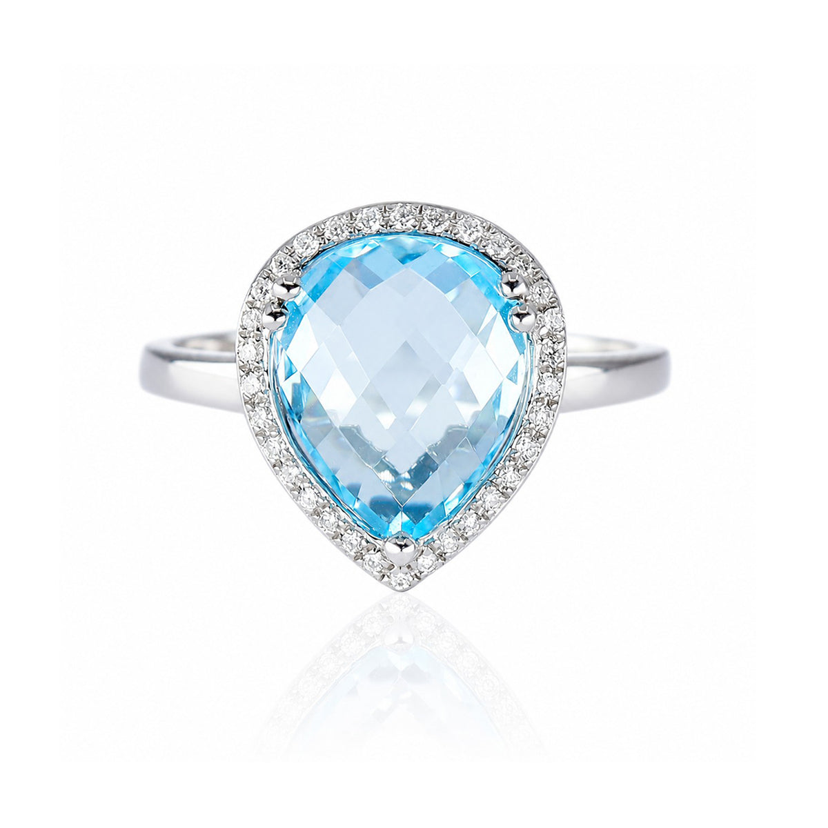 9ct White Gold Checkerboard Pear Cut Blue Topaz & Diamond Claw Set Cluster Ring