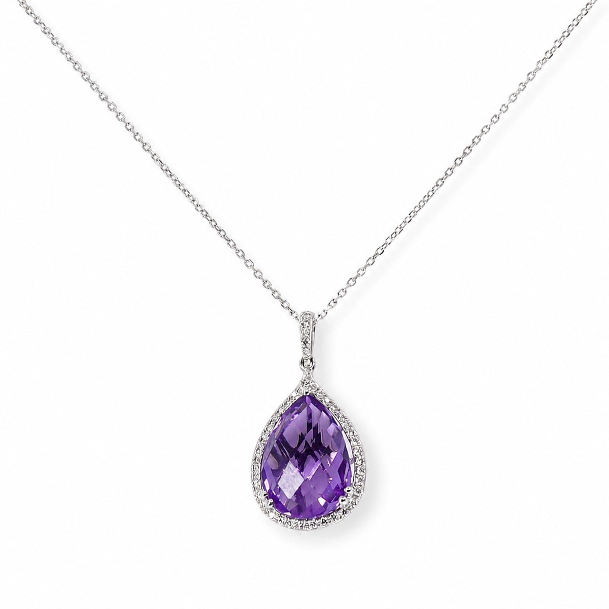 9ct White Gold Checkerboard Pear Amethyst (7.37ct) & Diamond (0.14ct) Claw Set Cluster/Halo Pend