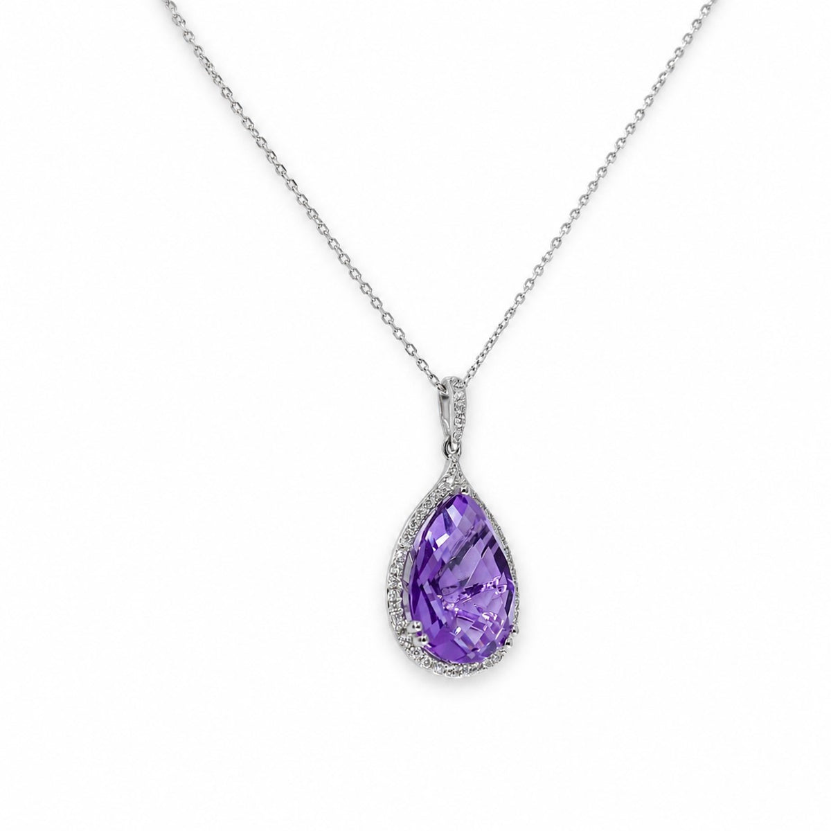 9ct White Gold Checkerboard Pear Amethyst (7.37ct) & Diamond (0.14ct) Claw Set Cluster/Halo Pend