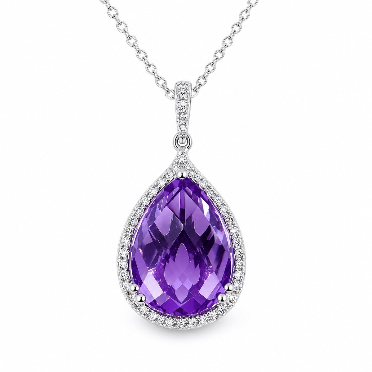 9ct White Gold Checkerboard Pear Amethyst (7.37ct) & Diamond (0.14ct) Claw Set Cluster/Halo Pend