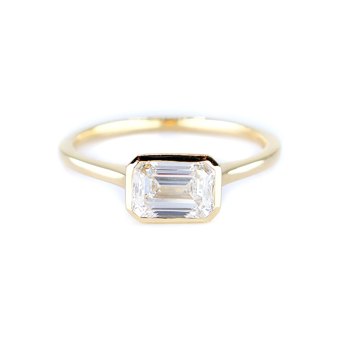 18ct Yellow Gold 1.05ct  Lab Grown Emerald Cut Diamond Horizontal Rub Set Solitaire Ring
