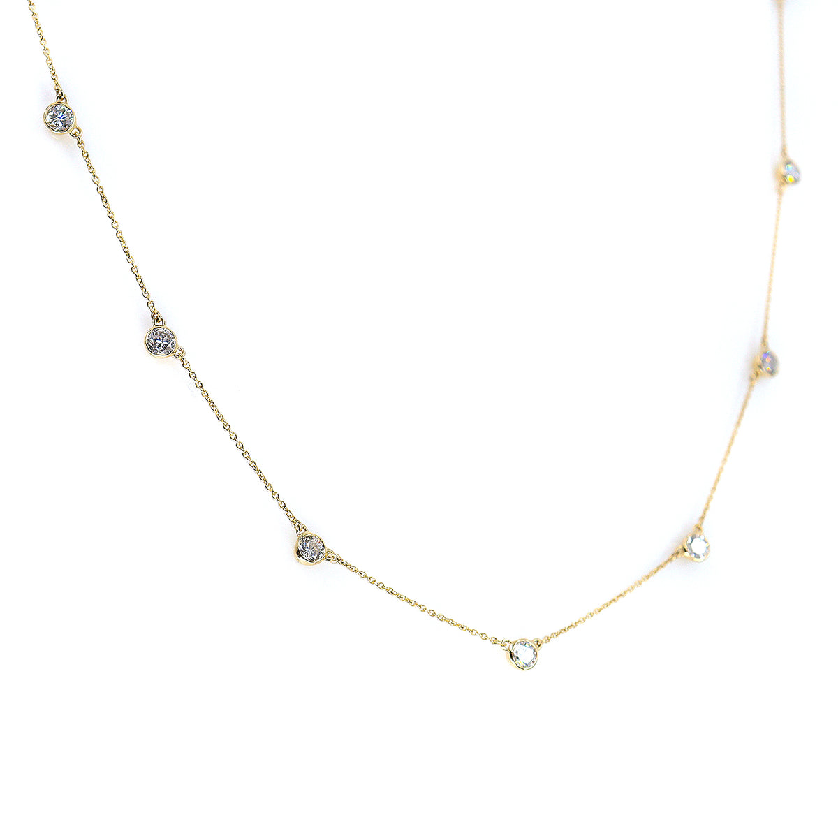 9ct Yellow Gold 1.55ct Lab Grown Round Brilliant Cut Diamond Rub Set Trace Chain Station Necklace
