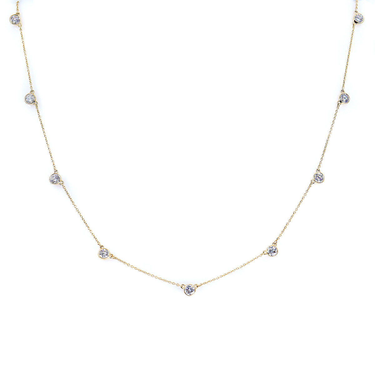 9ct Yellow Gold 1.55ct Lab Grown Round Brilliant Cut Diamond Rub Set Trace Chain Station Necklace