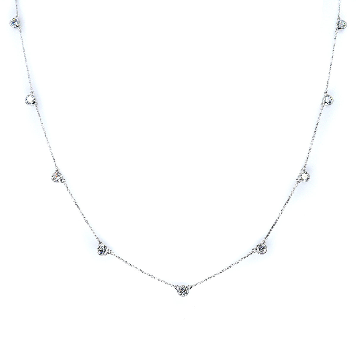 9ct White Gold 1.55ct Lab Grown Round Brilliant Cut Diamond Rub Set Trace Chain Station Necklace