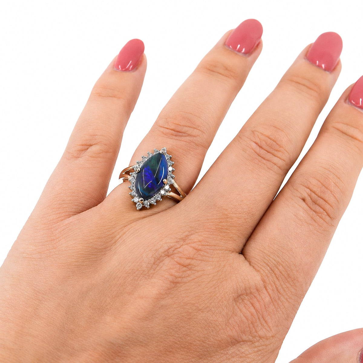 Pre-Owned 9ct Gold Marquise Black Opal & Round Brilliant Cut Diamond Claw Set Cluster Ring