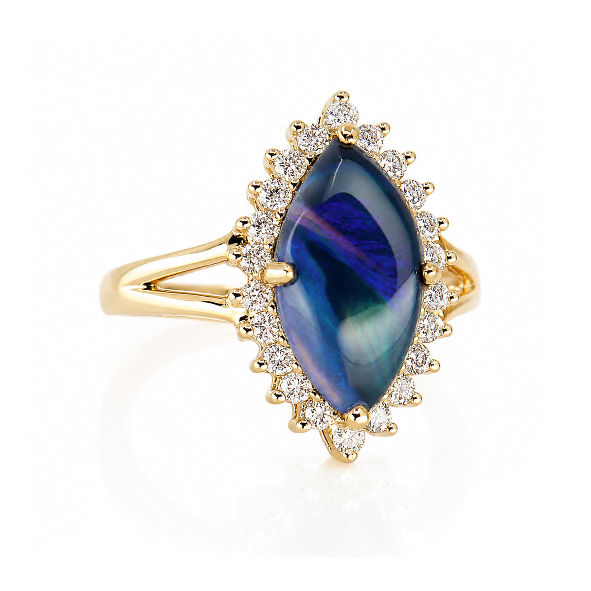 Pre-Owned 9ct Gold Marquise Black Opal & Round Brilliant Cut Diamond Claw Set Cluster Ring