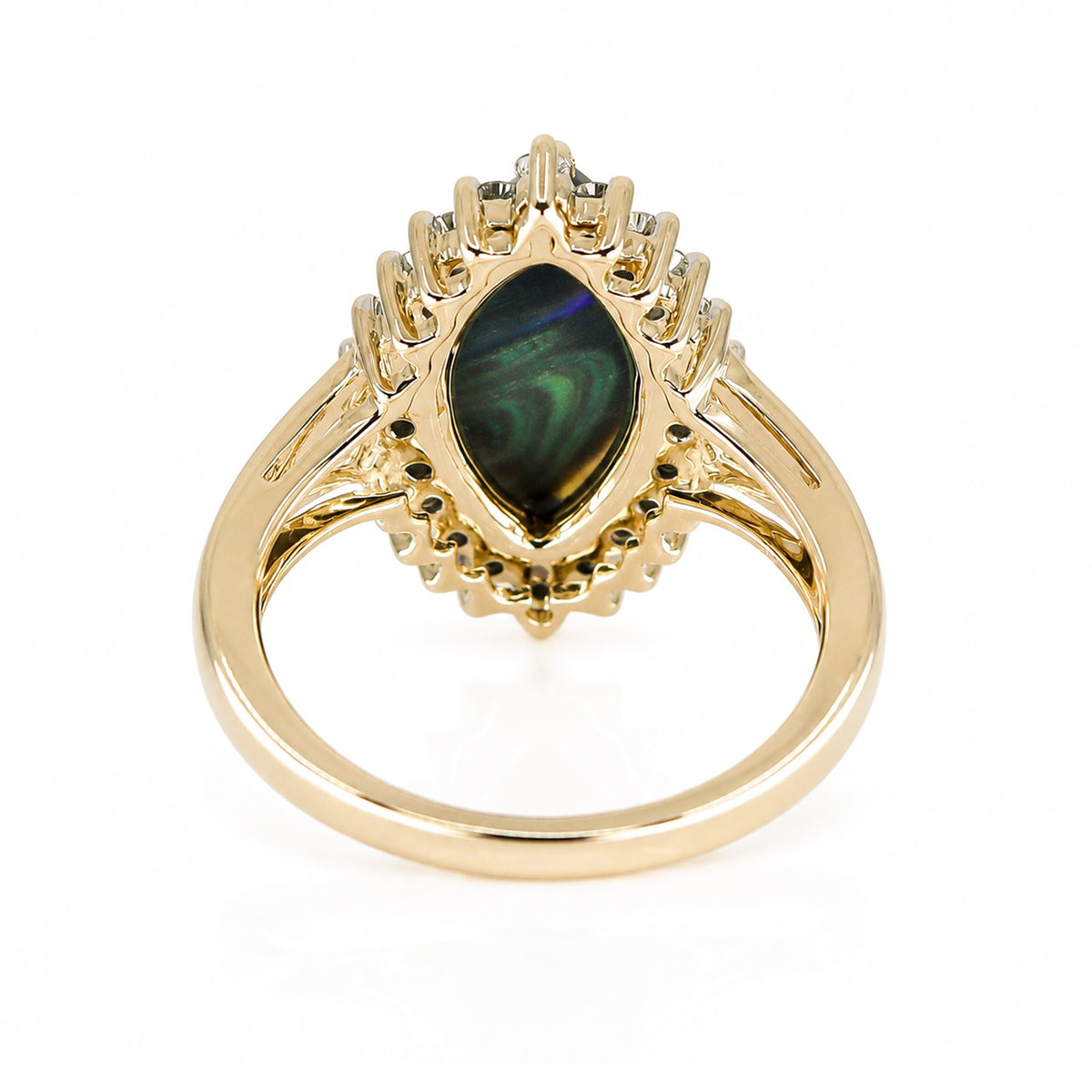 Pre-Owned 9ct Gold Marquise Black Opal & Round Brilliant Cut Diamond Claw Set Cluster Ring