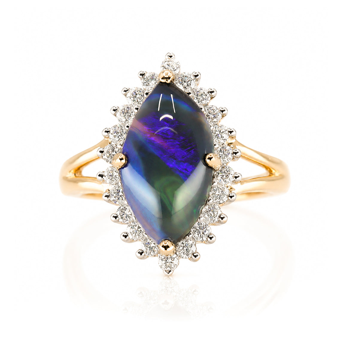 Pre-Owned 9ct Gold Marquise Black Opal & Round Brilliant Cut Diamond Claw Set Cluster Ring