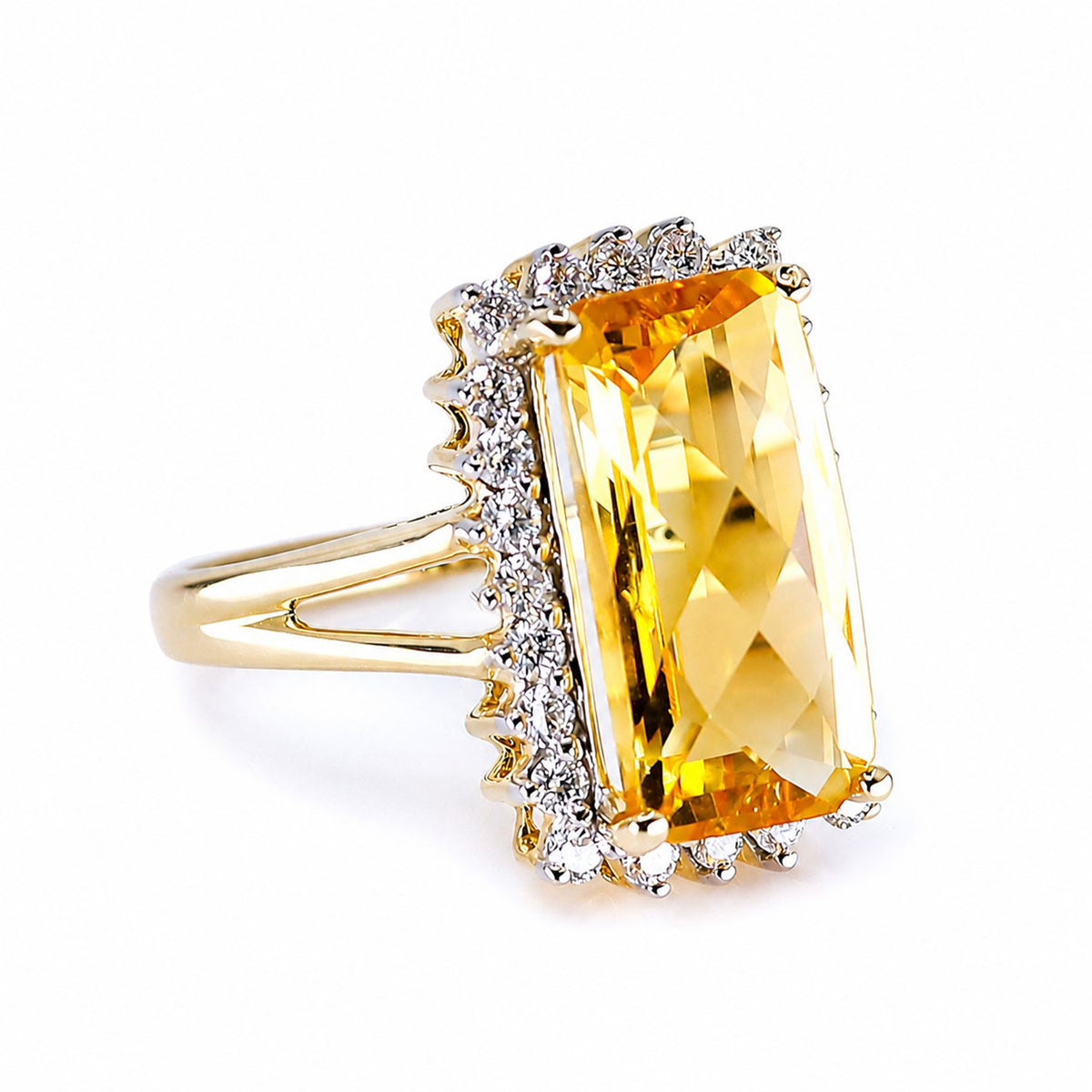 Pre-Owned 9ct Gold Checkerboard Rectangular Citrine & Round Brilliant Cut Diamond Cluster Ring