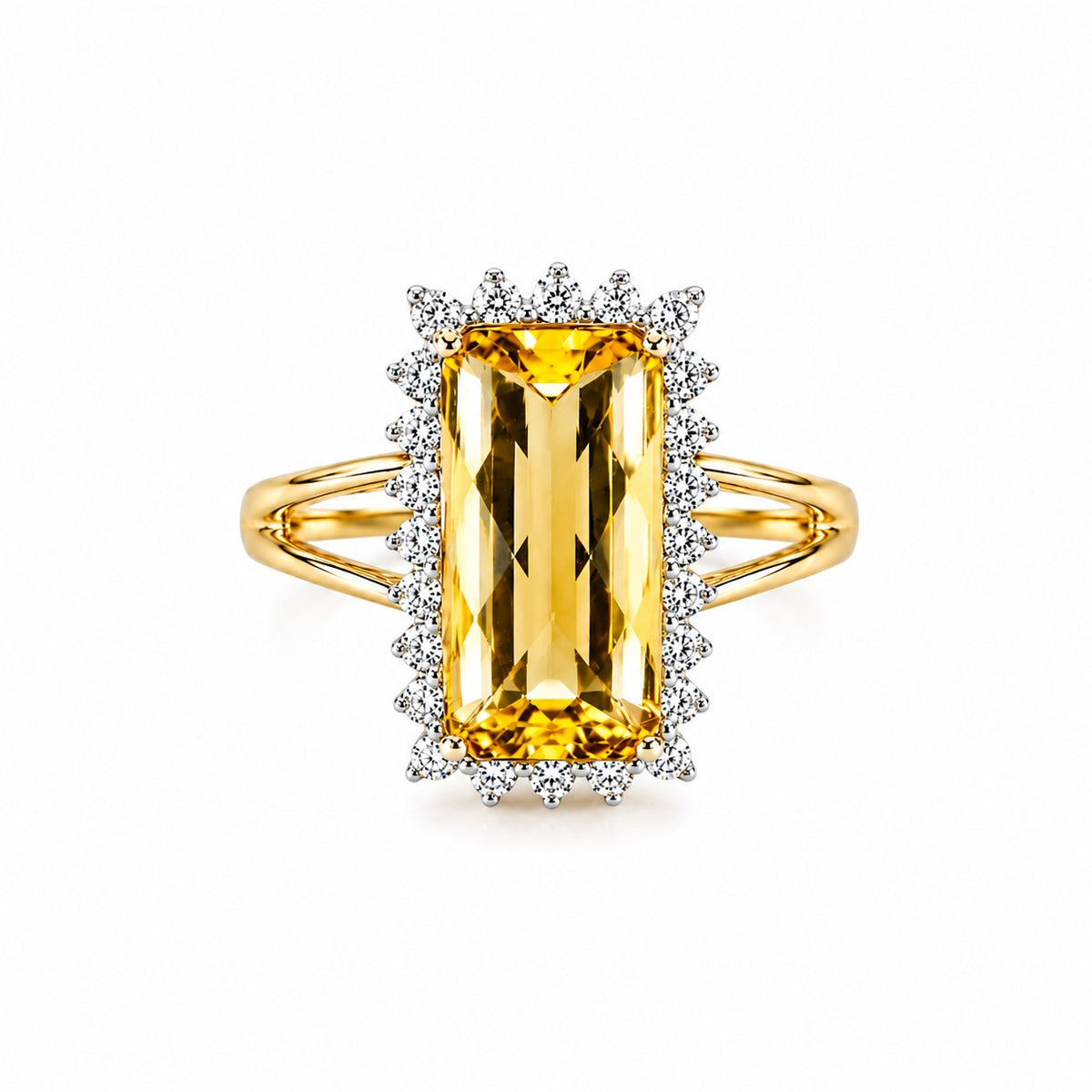 Pre-Owned 9ct Gold Checkerboard Rectangular Citrine & Round Brilliant Cut Diamond Cluster Ring