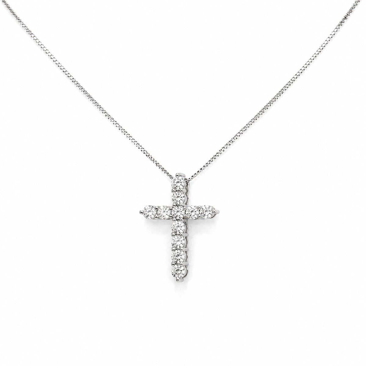 Pre-Owned 18ct White Gold Round Brilliant Cut Diamond Cross Pendant on 16-18" Close Curb Chain