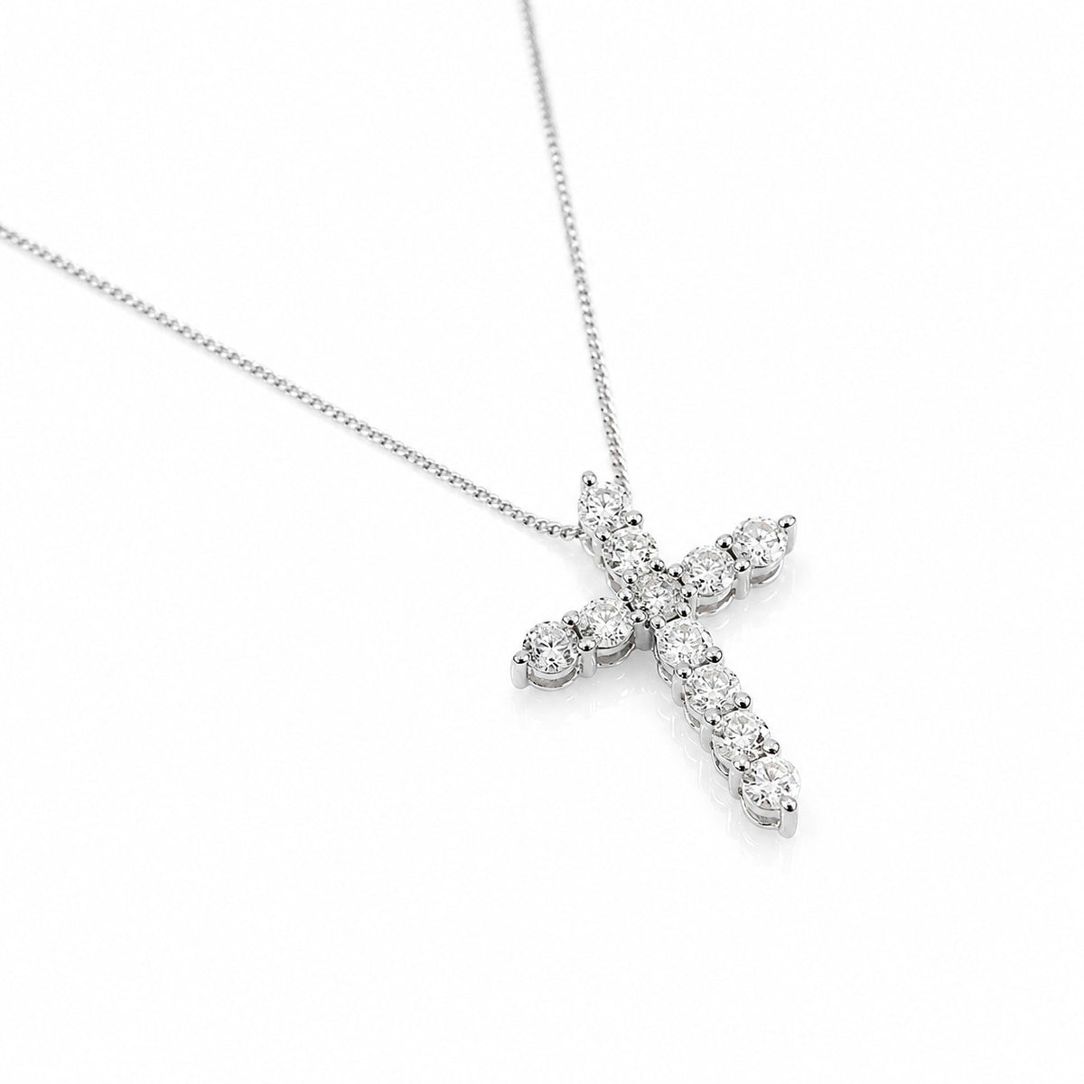 Pre-Owned 18ct White Gold Round Brilliant Cut Diamond Cross Pendant on 16-18" Close Curb Chain
