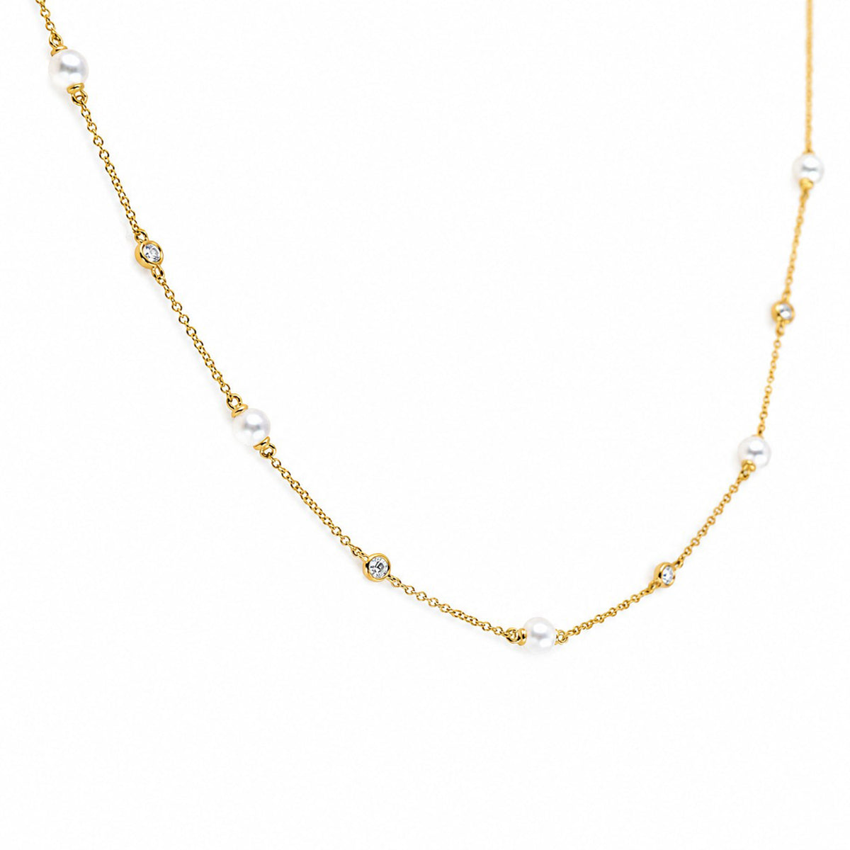 9ct Yellow Gold Diamond & Freshwater Pearl Station Necklace
