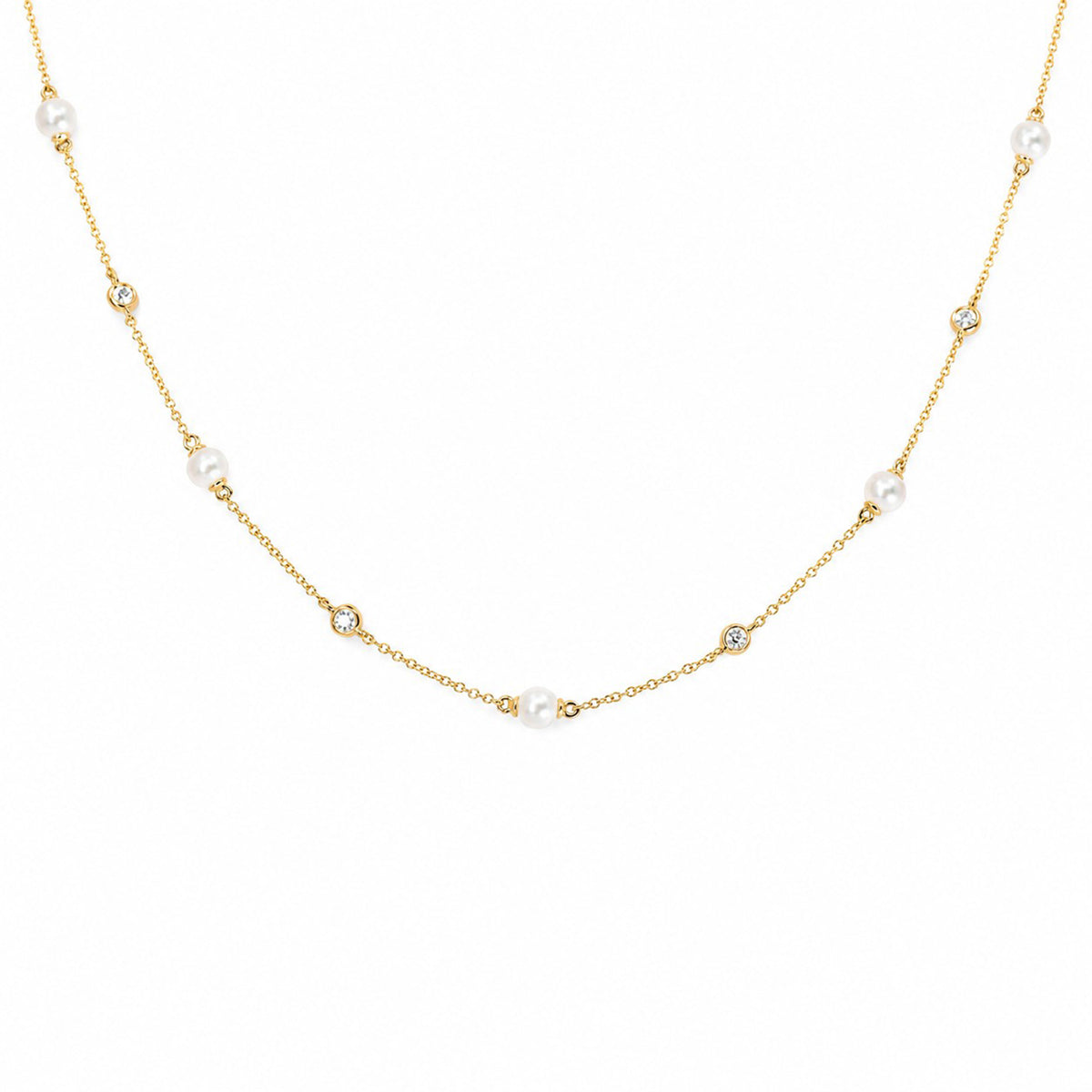 9ct Yellow Gold Diamond & Freshwater Pearl Station Necklace