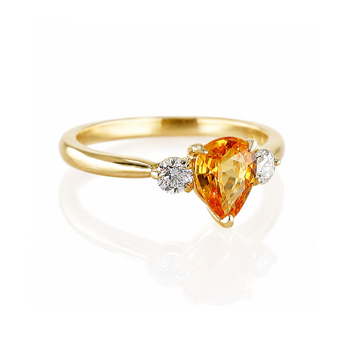 9ct Gold Pear Shape Orange Sapphire & Round Brilliant Cut Diamond Claw Set Three Stone Ring