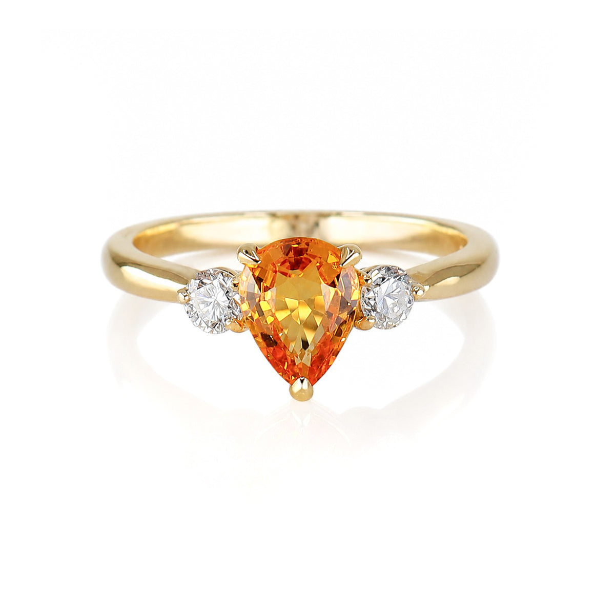 9ct Gold Pear Shape Orange Sapphire & Round Brilliant Cut Diamond Claw Set Three Stone Ring