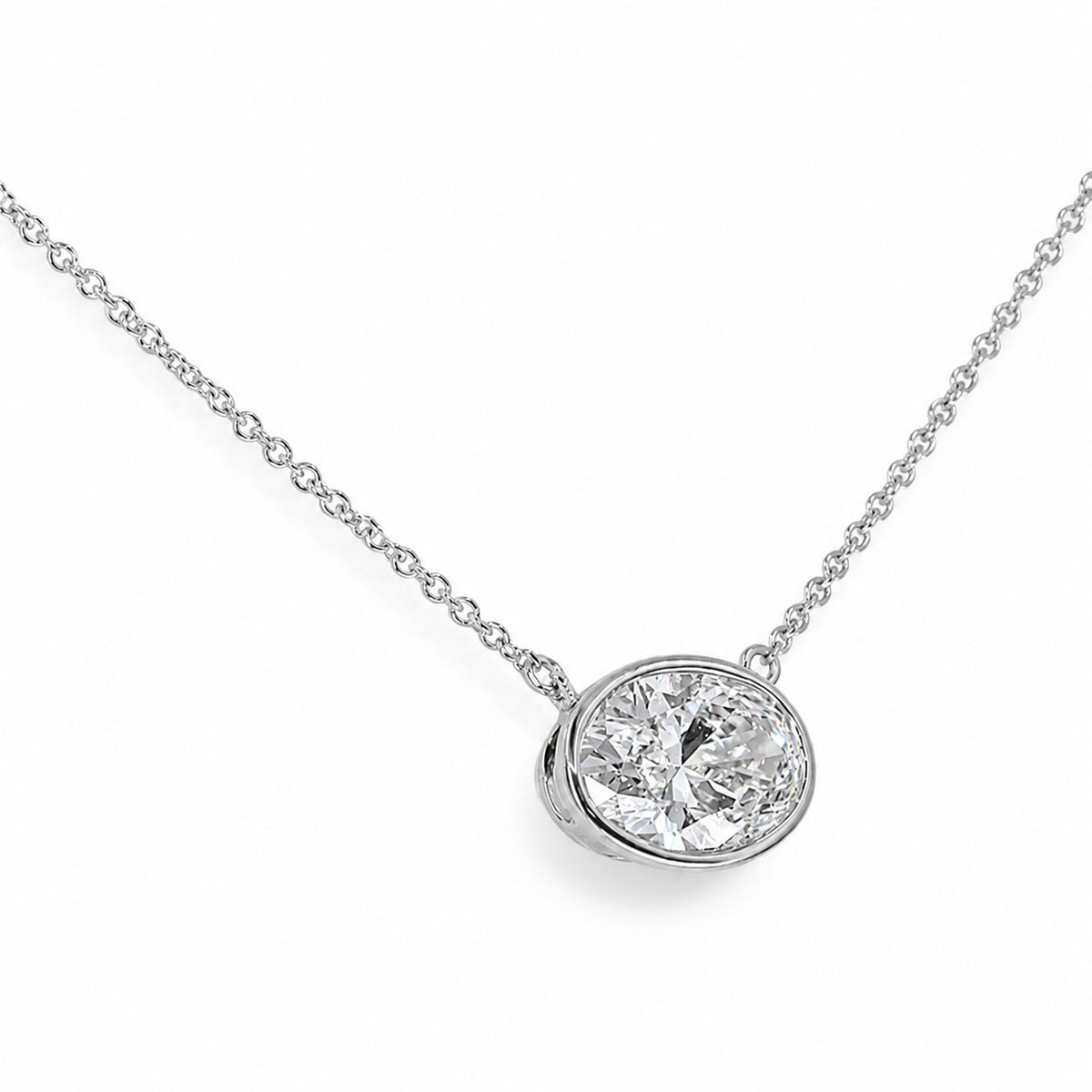 9ct White Gold 2.04ct Lab Grown Diamond Certificated Oval Cut Rub Set Solitaire Necklace 16-18"