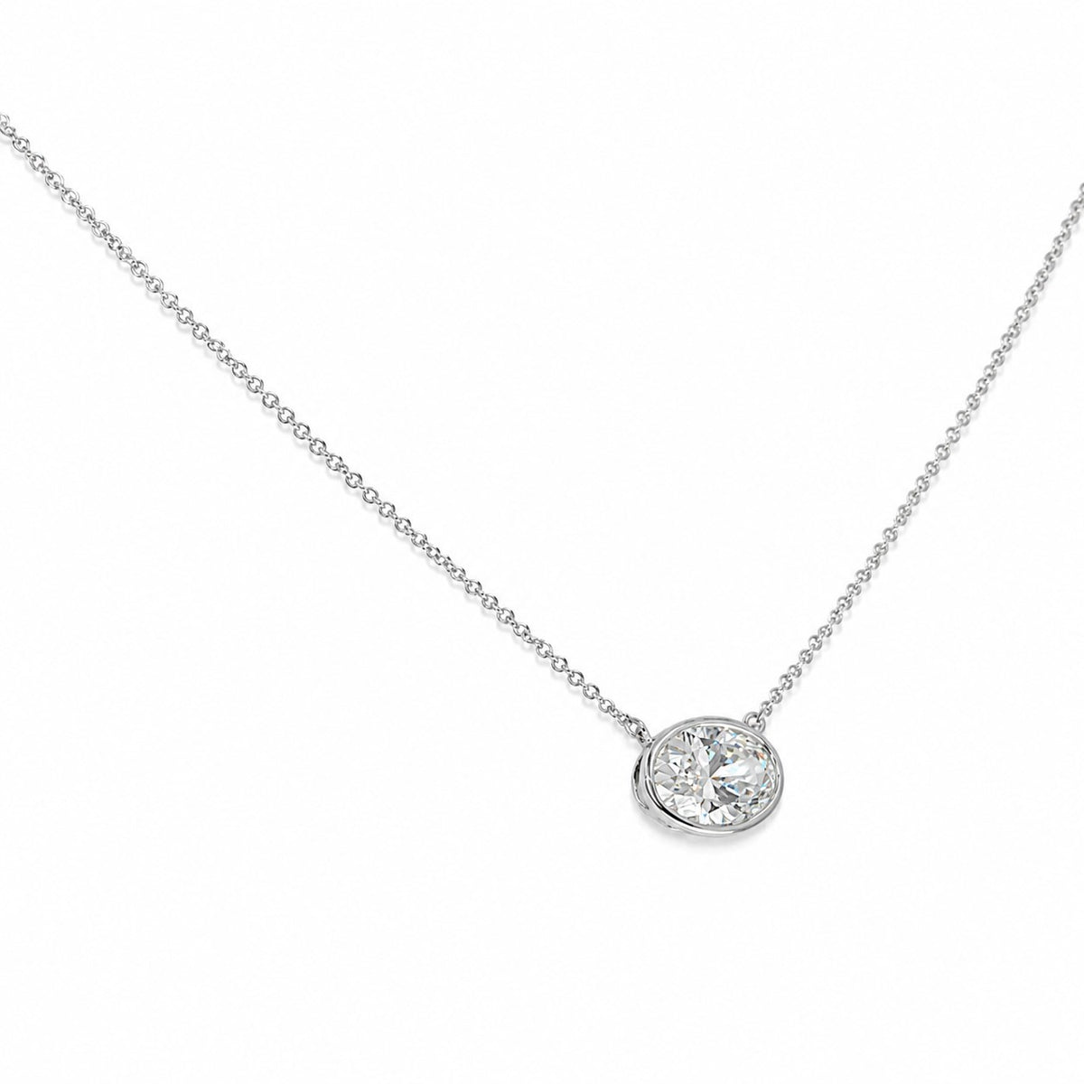 9ct White Gold 2.04ct Lab Grown Diamond Certificated Oval Cut Rub Set Solitaire Necklace 16-18"