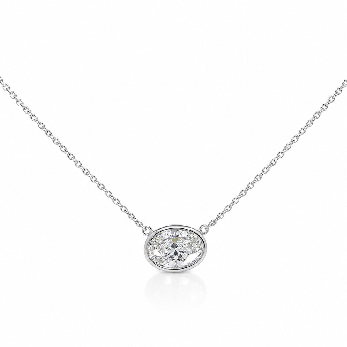 9ct White Gold 2.04ct Lab Grown Diamond Certificated Oval Cut Rub Set Solitaire Necklace 16-18"