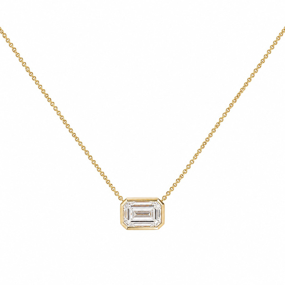 9ct Gold 2.03ct Lab Grown Diamond Certificated Emerald Cut Rub Set Solitaire Necklace 16-18" Chain
