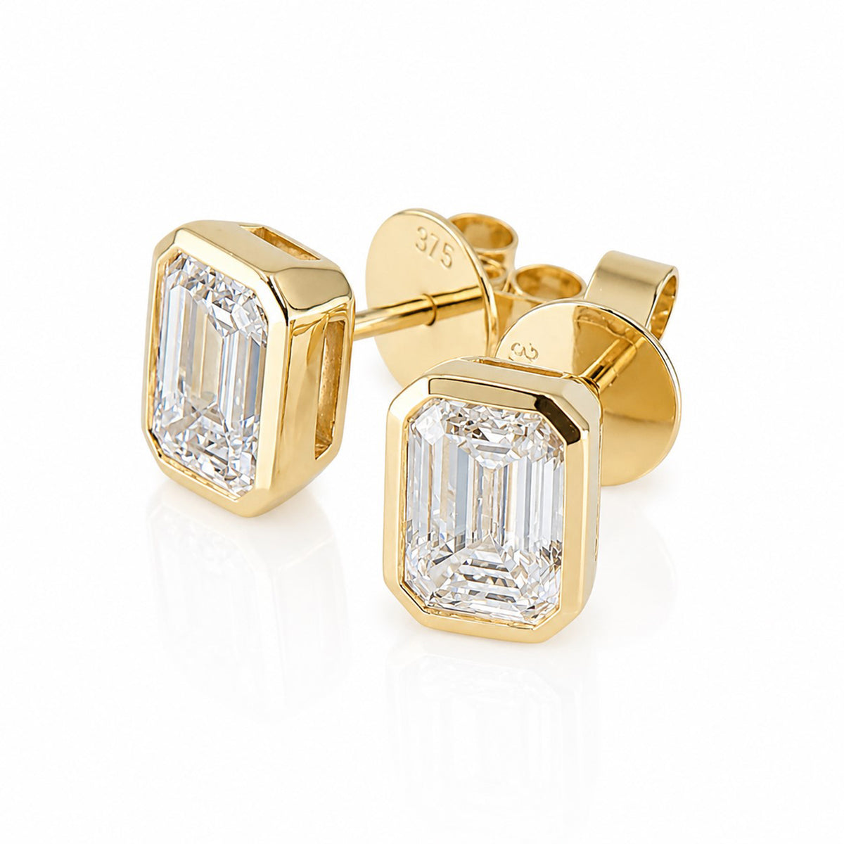 9ct Gold Lab Grown Certificated 2.04ct TDW Emerald Cut Diamond Rub Set Solitaire Stud Earrings