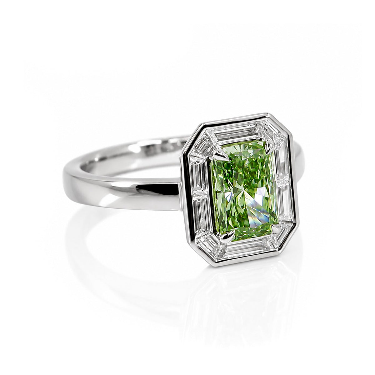 Platinum 1.78ct TDW Green Lab Grown Diamond Rectangle Cut Halo Ring