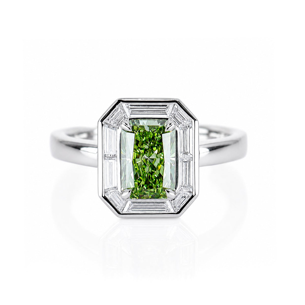 Platinum 1.78ct TDW Green Lab Grown Diamond Rectangle Cut Halo Ring