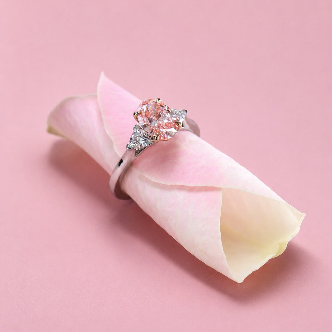 Platinum & 18ct Rose Gold 1.98ct TDW Pink Lab Grown Diamond Certificated Oval Cut Three Stone Ring