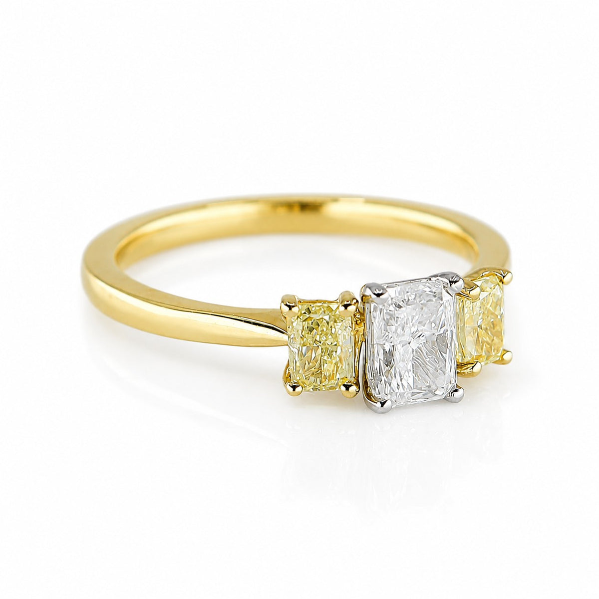 18ct Yellow Gold & Platinum 1.11ct White & Yellow Emerald Cut Diamond Trilogy Ring