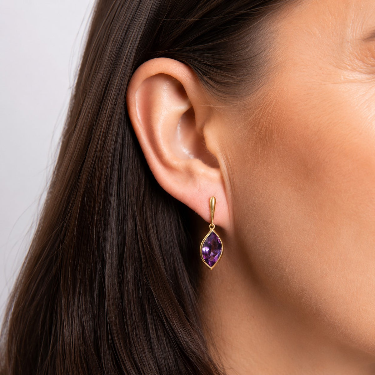 9ct Yellow Gold Flame Amethyst Drop Earrings