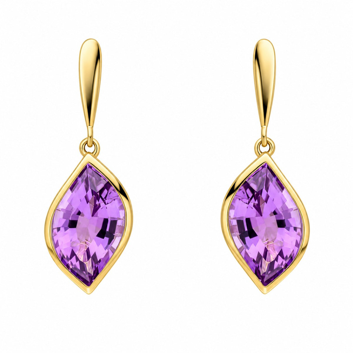 9ct Yellow Gold Flame Amethyst Drop Earrings